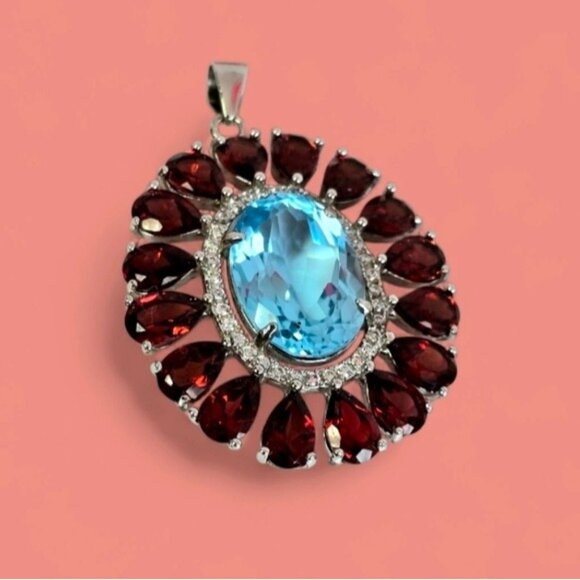 925 Sterling Silver Pendant 3x2.5cm with Natural Blue Topaz & Garnet Gemstones - Picture 3 of 8
